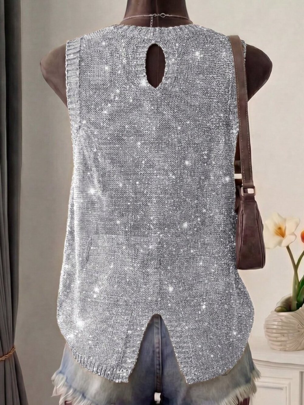 Grey Casual Women's Sleeveless Metallic Knit Tank Top - Picture 2 of 4